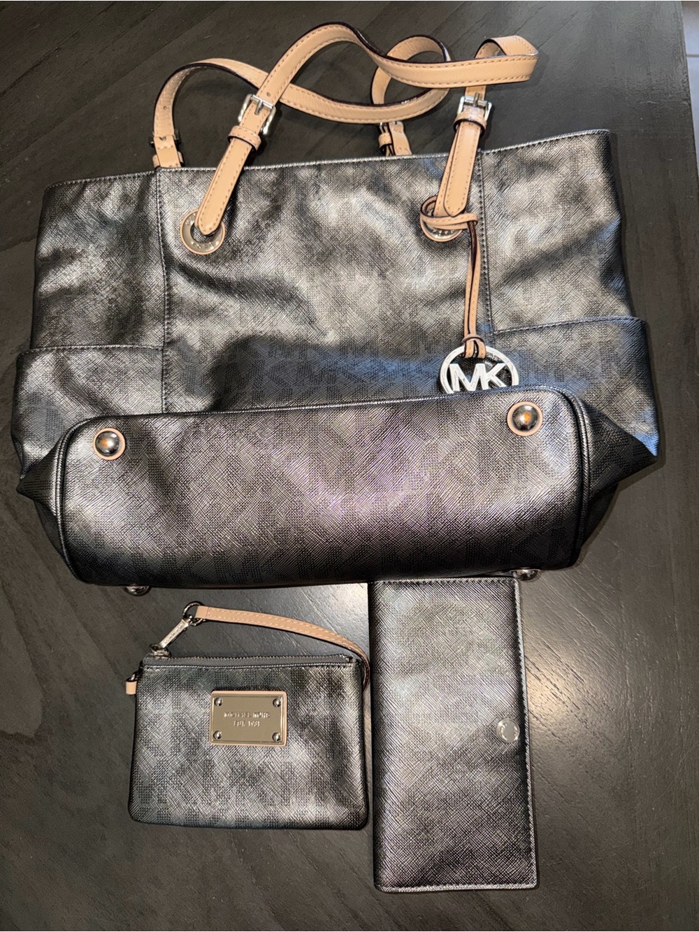 Michael Kors Gunmetal Saffiano Tote with Tan Handles and MK Charm